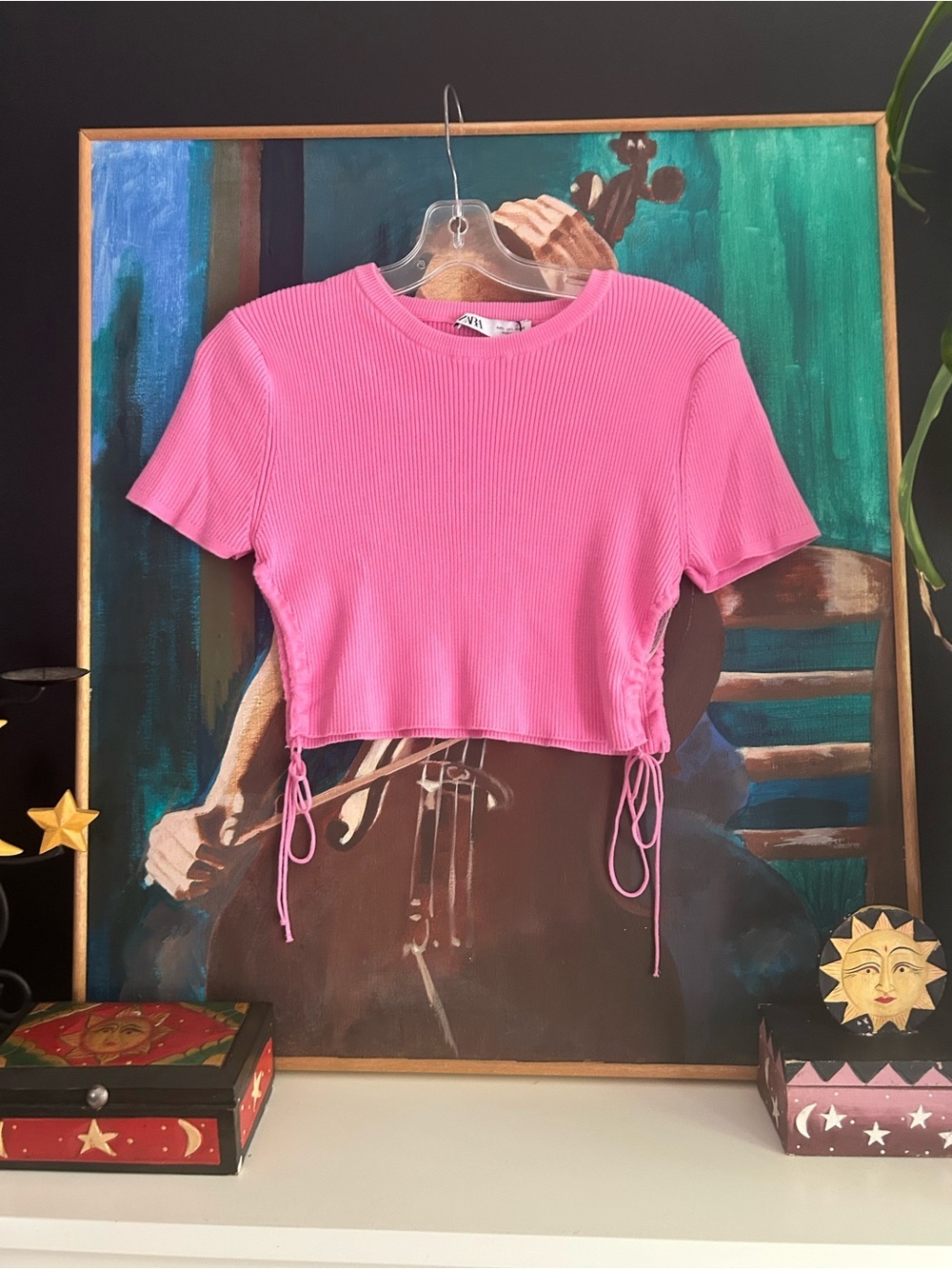 ZARA Hot Pink Ribbed Drawstring Crop Top Short Sleeve Y2K Women’s Small Tee - Picture 10 of 16